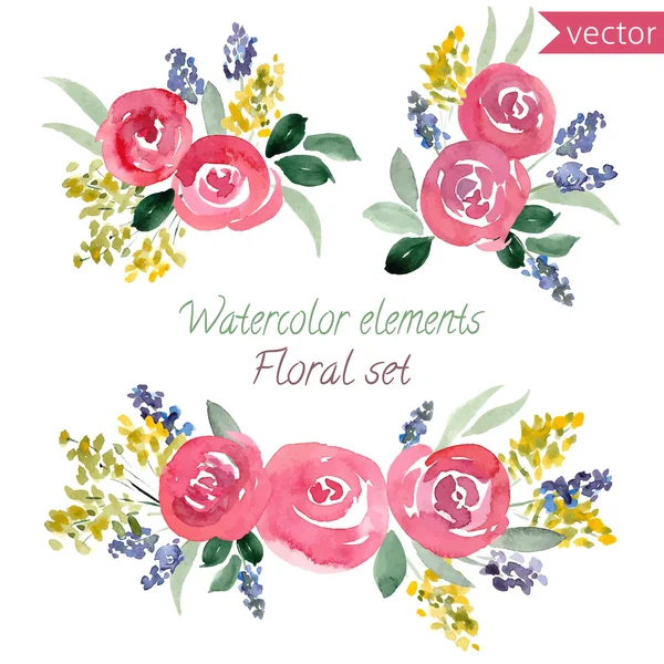 Conjunto de flores em aquarela rosas — Vetor de Stock