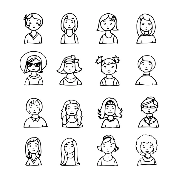 Conjunto de rostos de mulheres mão desenhada — Vetor de Stock