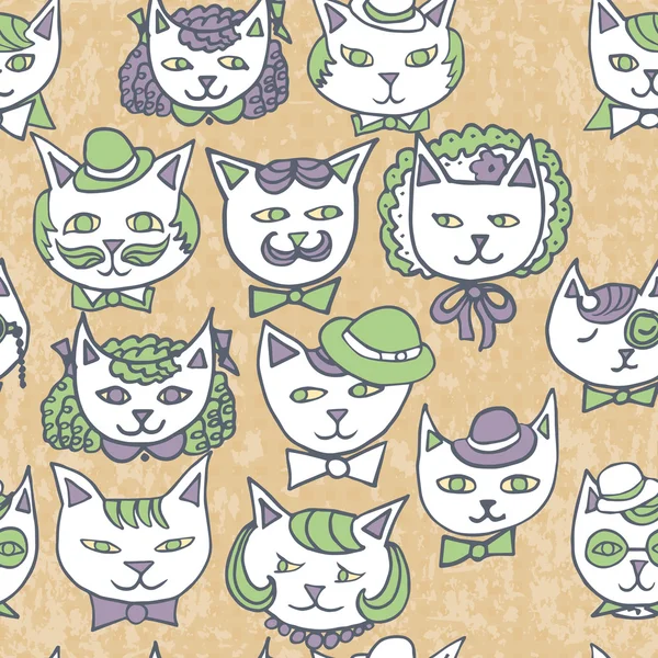 Cute cats retro portraits seamless pattern. vintage vector pets  background — Stock Vector