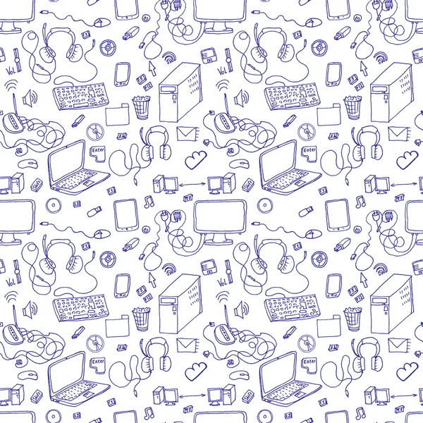 Un motif vectoriel sans couture de gribouillis dessinés à la main de gadgets électroniques. Ordinateur, ordinateur portable, moniteur — Image vectorielle
