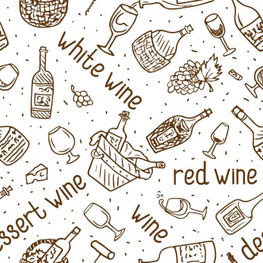 Şarap şişesi, cam, asma vektörü, dikişsiz desen. El çizimi içki illüstrasyonu.