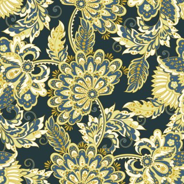 Etnik çiçeklerle kusursuz bir düzen. Asya tekstil tarzında Vektör Çiçek İllüstrasyonu