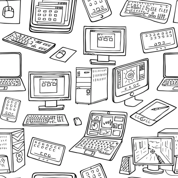 Een Vector Naadloos Patroon Van Handgetekende Doodles Van Elektronische Gadgets — Stockvector