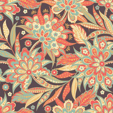 Etnik çiçeklerle kusursuz bir düzen. Vintage Vektör Çiçek İllüstrasyonu