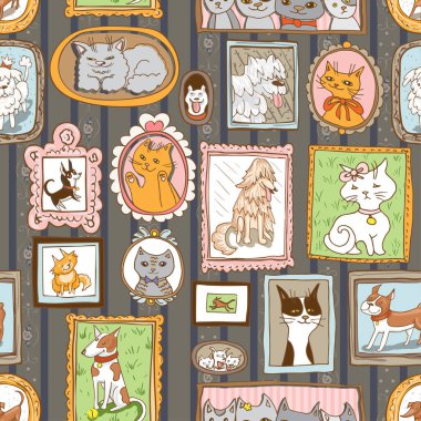 Şirin kediler ve köpekler kusursuz portreler çizerler. evcil hayvan vektörü arka planı