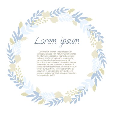 Yaprak, meyve ve çiçek renkli siluetleri kare yuvarlak. Elle çizilmiş doğal çelenk davetiye, düğün kartı tasarım tarihi kaydetmek için vektör çizim.