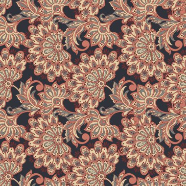 Etnik çiçeklerle kusursuz bir düzen. Asya tekstil tarzında Vektör Çiçek İllüstrasyonu