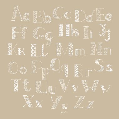 Renkli el çizimi karalama alfabesi. Latince alfabe harfleri