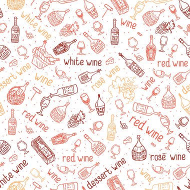 Şarap şişesi, cam, asma vektörü, dikişsiz desen. El çizimi içki illüstrasyonu.