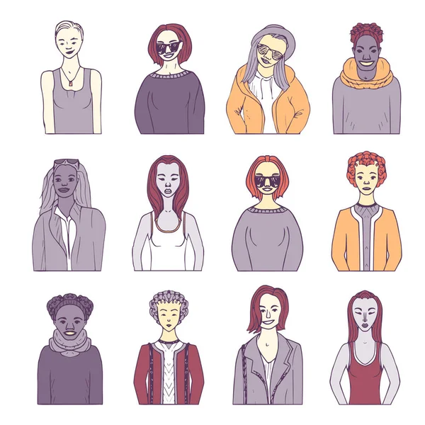 Conjunto Chicas Dibujadas Mano Avatar Vector Femenino — Archivo Imágenes Vectoriales