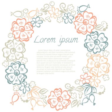  Yaprak ve Çiçekler yuvarlak çerçeveli. Davetiyeler için el çizilmiş doğal çelenklerin vektör çizimi, tarihi kaydet, düğün kartı tasarımı.