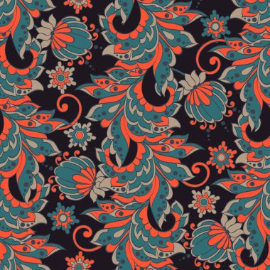 Etnik çiçeklerle kusursuz bir düzen. Asya tekstil tarzında Vektör Çiçek İllüstrasyonu