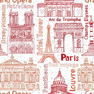 Paris işaretleri kusursuz vektör deseni. El yapımı Eyfel Kulesi, Notre de Paris, Zafer Takı, Büyük Opera, Pantheon
