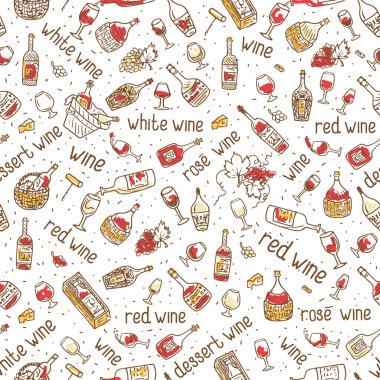 Şarap şişesi, cam, asma vektörü, dikişsiz desen. El çizimi içki illüstrasyonu.