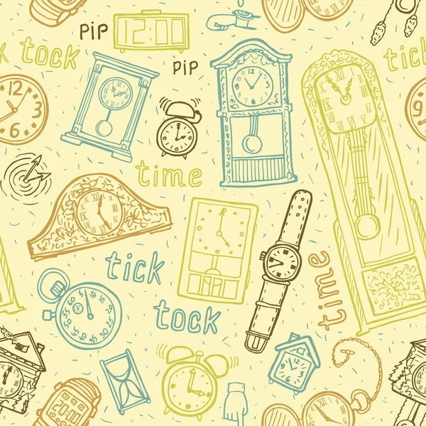 Relojes Sin Costura Fondo Vector Símbolos Tiempo Ilustración Dibujada Mano — Vector de stock