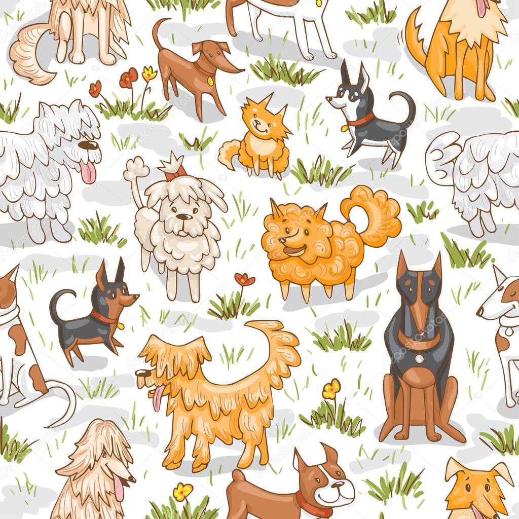 Cute dogs pattern. Seamless vector illustration with  bulldog, bobtail, dachshund, bullterrier, doberman, spitz, chihuahua