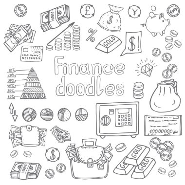 Doodle Business ve Finanse izole edildi. Vektör illüstrasyonu 