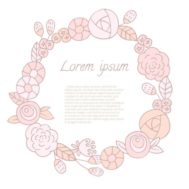 Doodle Leaf ve Flowers yuvarlak çerçeveli. Davetiye kartları için el çizilmiş çelenklerin vektör illüstrasyonu, tarihi ve düğün kartı tasarımını kaydet.