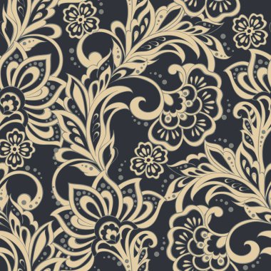 Etnik çiçeklerle kusursuz bir düzen. Asya tekstil tarzında Vektör Çiçek İllüstrasyonu