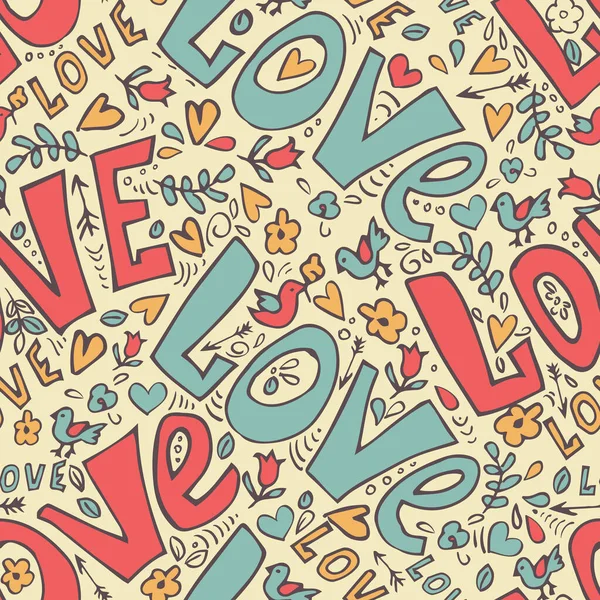 Ručně Kreslené Slovo Láska Roztomilé Čmáranice Bezešvé Vektorové Ilustrace — Stockový vektor