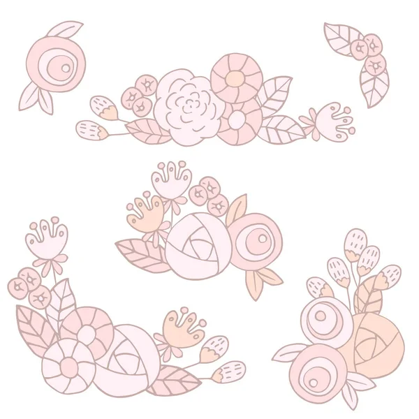 Conjunto Flores Hojas Colección Vectorial Con Hojas Flores Dibujo Mano — Vector de stock