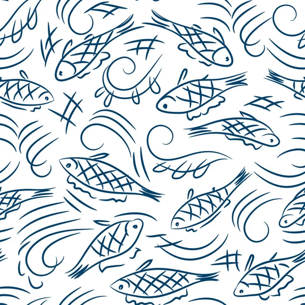 Hand Drawn Fish Seamless Vector Pattern — Stock Vector