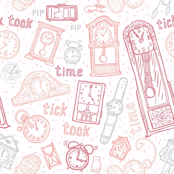 Relojes Sin Costura Fondo Vector Símbolos Tiempo Ilustración Dibujada Mano — Vector de stock