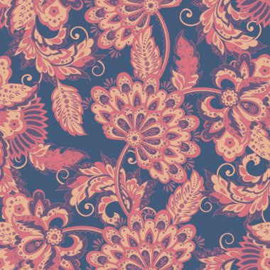 Etnik çiçeklerle kusursuz bir düzen. Asya tekstil tarzında Vektör Çiçek İllüstrasyonu