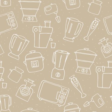 çeşitli mutfak aletleri. Elle çizilmiş ev aletleri, pürüzsüz desenler çizer.