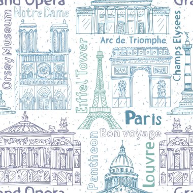 Paris işaretleri kusursuz vektör deseni. El yapımı Eyfel Kulesi, Notre de Paris, Zafer Takı, Büyük Opera, Pantheon