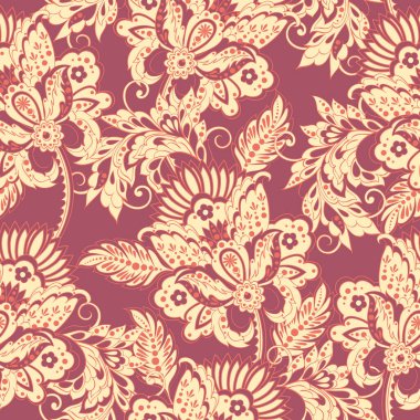 Etnik çiçeklerle kusursuz bir düzen. Asya tekstil tarzında Vektör Çiçek İllüstrasyonu