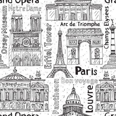 Paris işaretleri kusursuz vektör deseni. El yapımı Eyfel Kulesi, Notre de Paris, Zafer Takı, Büyük Opera, Pantheon