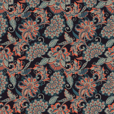 Etnik çiçeklerle kusursuz bir düzen. Asya tekstil tarzında Vektör Çiçek İllüstrasyonu