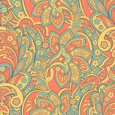 Etnik çiçeklerle kusursuz bir düzen. Asya tekstil tarzında Vektör Çiçek İllüstrasyonu