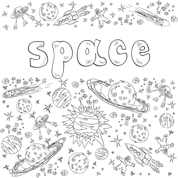 Space with planets, rockets, spasemen and stars — Stock Vector