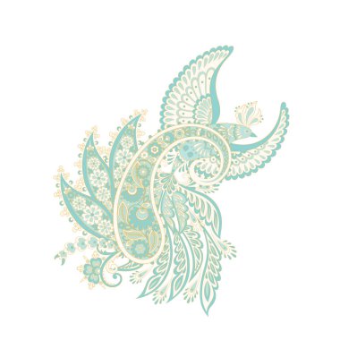 Paisley vektör izole şablon ile Uçan Kuş. Damask biçimi Vintage illüstrasyonu