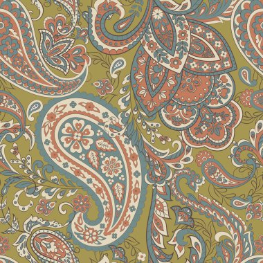 Paisley Çiçek Doğulu Etnik Düzen. Vektör Kusursuz Süslü Hint kumaşı desenleri.