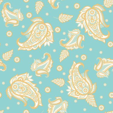 Şal desenli ve etnik çiçekli kusursuz vektör deseni. Çiçek mahsulü arka plan