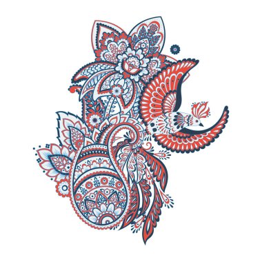 Paisley vektör izole şablon ile Uçan Kuş. Damask biçimi Vintage illüstrasyonu