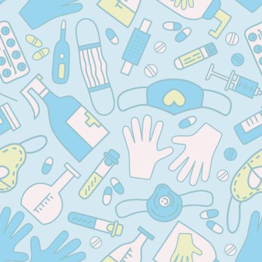 Covid-19 'u koruyun. Coronavirus Medicine vektörü pürüzsüz desen