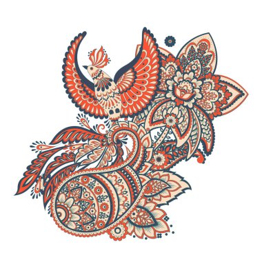Paisley vektör izole şablon ile Uçan Kuş. Damask biçimi Vintage illüstrasyonu