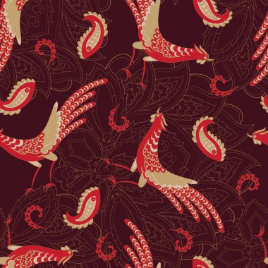 Çiçek kumaş arka planında şal desenli süs. Kusursuz vektör deseni