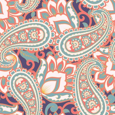 Şal desenli ve etnik çiçekli kusursuz vektör deseni. Çiçek mahsulü arka plan