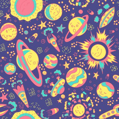 Hand drawn space seamless vector pattern. Planets and spaceships kids background