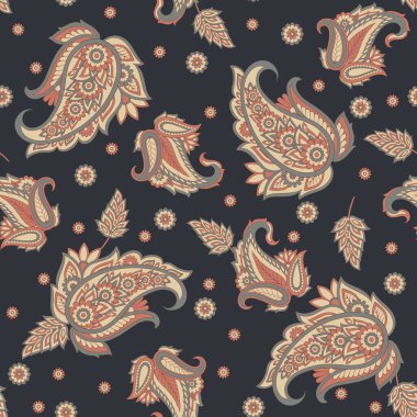 Şal desenli ve etnik çiçekli kusursuz vektör deseni. Çiçek mahsulü arka plan