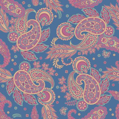 Paisley Çiçek Doğulu Etnik Düzen. Vektör Kusursuz Süslü Hint kumaşı desenleri.