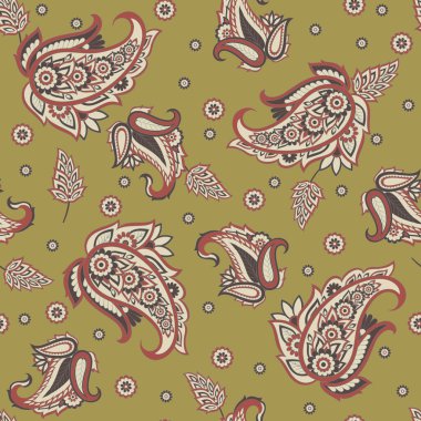 Şal desenli ve etnik çiçekli kusursuz vektör deseni. Çiçek mahsulü arka plan