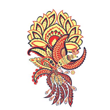 Paisley vektör izole şablon ile Uçan Kuş. Damask biçimi Vintage illüstrasyonu