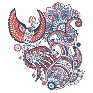 Paisley vektör izole şablon ile Uçan Kuş. Damask biçimi Vintage illüstrasyonu