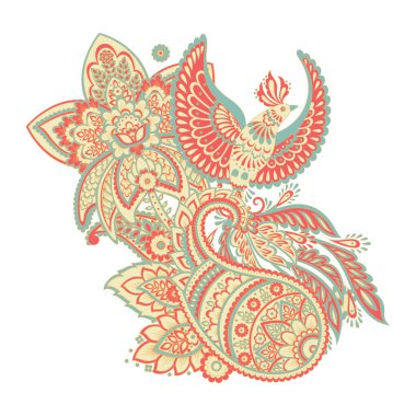 Paisley vektör izole şablon ile Uçan Kuş. Damask biçimi Vintage illüstrasyonu